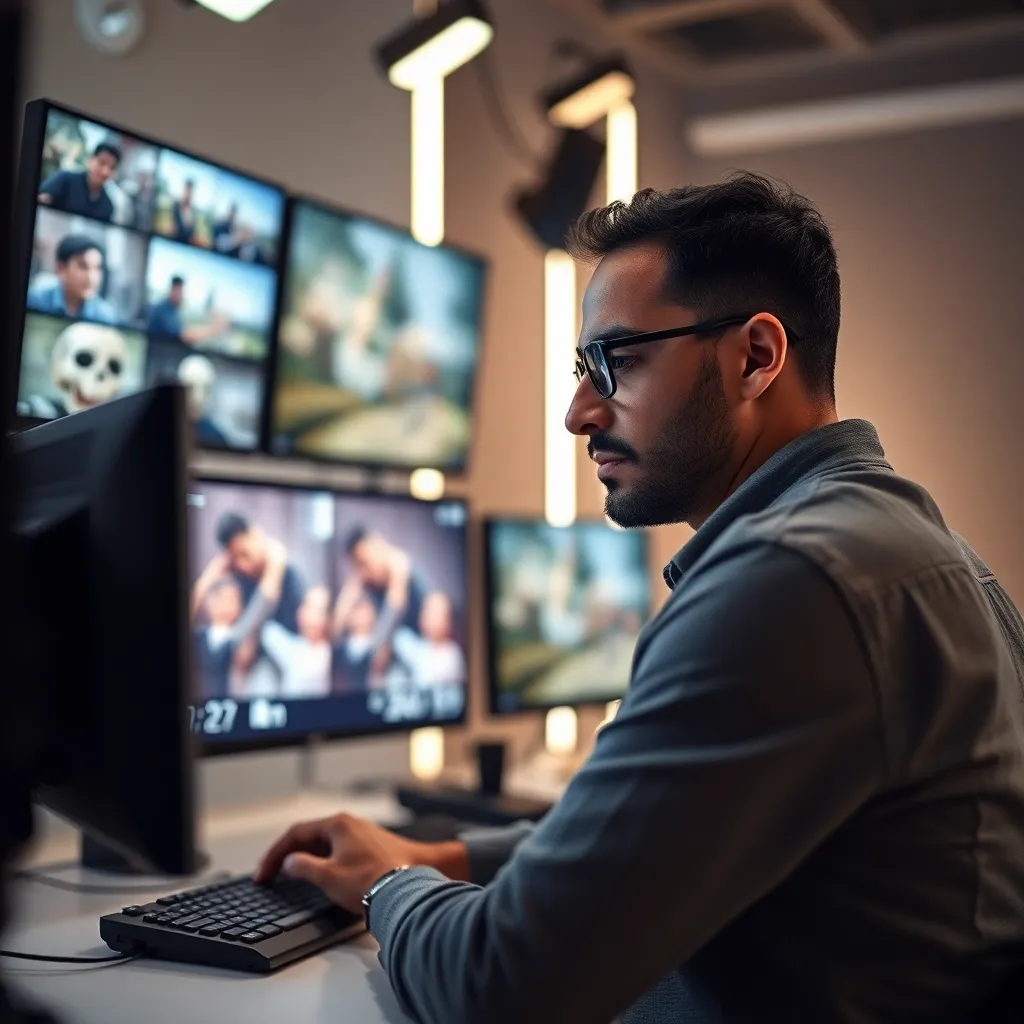 Egyptian VFX students collaborating on film project in modern studio