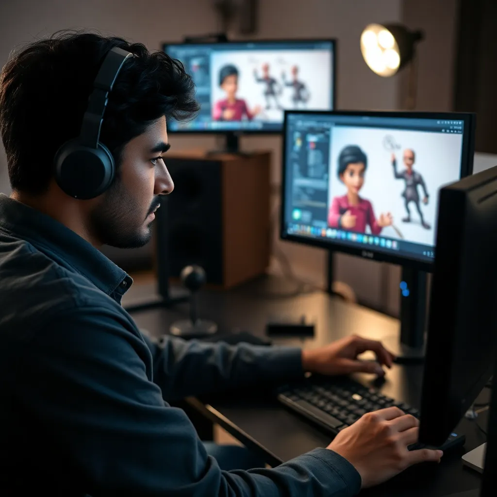 Professional 3D animator working on character animation in Egyptian studio