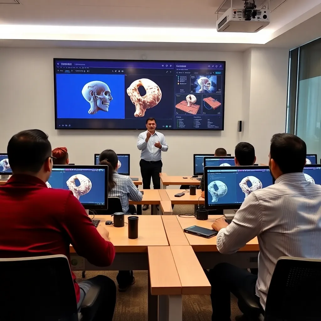 Student animating a 3D character with professional software