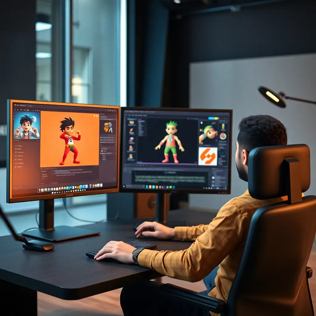 Professional 3D artist working on character animation in Blender software